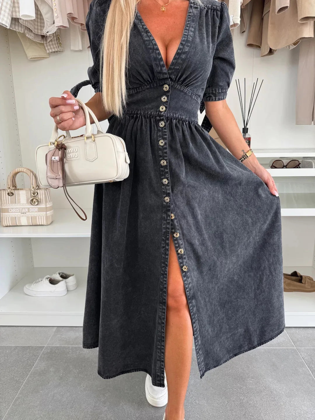 Long Dresses for Women Sexy Denim Dress V Neck Single Breasted Lace Up Distressed Vintage A Line Streetwear Female 2025 Vestidos
