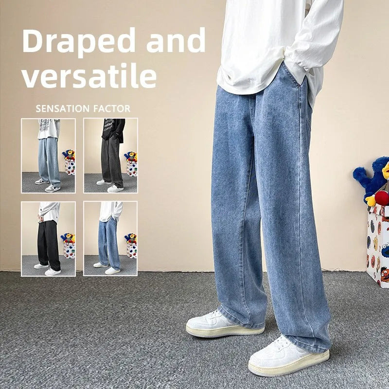 Jeans men's four-season new mopping straight loose wide legs trendy casual handsome comfortable trousers