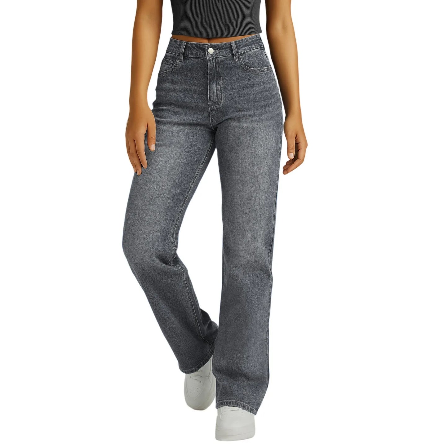 Jeans Women Straight Long Pants Casual Floor Length Mom Pant Blue High Waist Elegant Zipper Fly Pockets Slim Y2k Denim Trousers