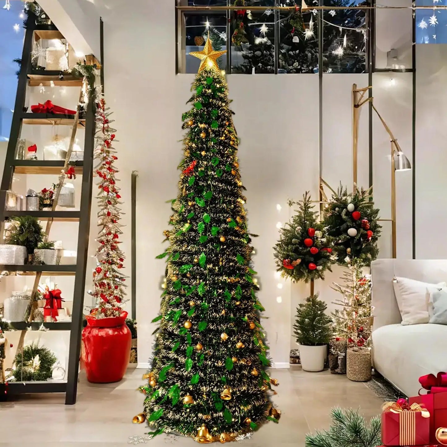 Christmas Tree 5 Ft Festival Ornament Faux Foldable Christmas Tree Christmas Decoration for Winter Holiday Season Decor Indoor