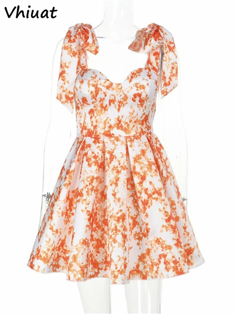 Vhiuat Blue Floral Print Cute Elegant Off Shoulder Mini A-Line Dress Lace Up Fashion Women Party Evening Dresses Summer 2024