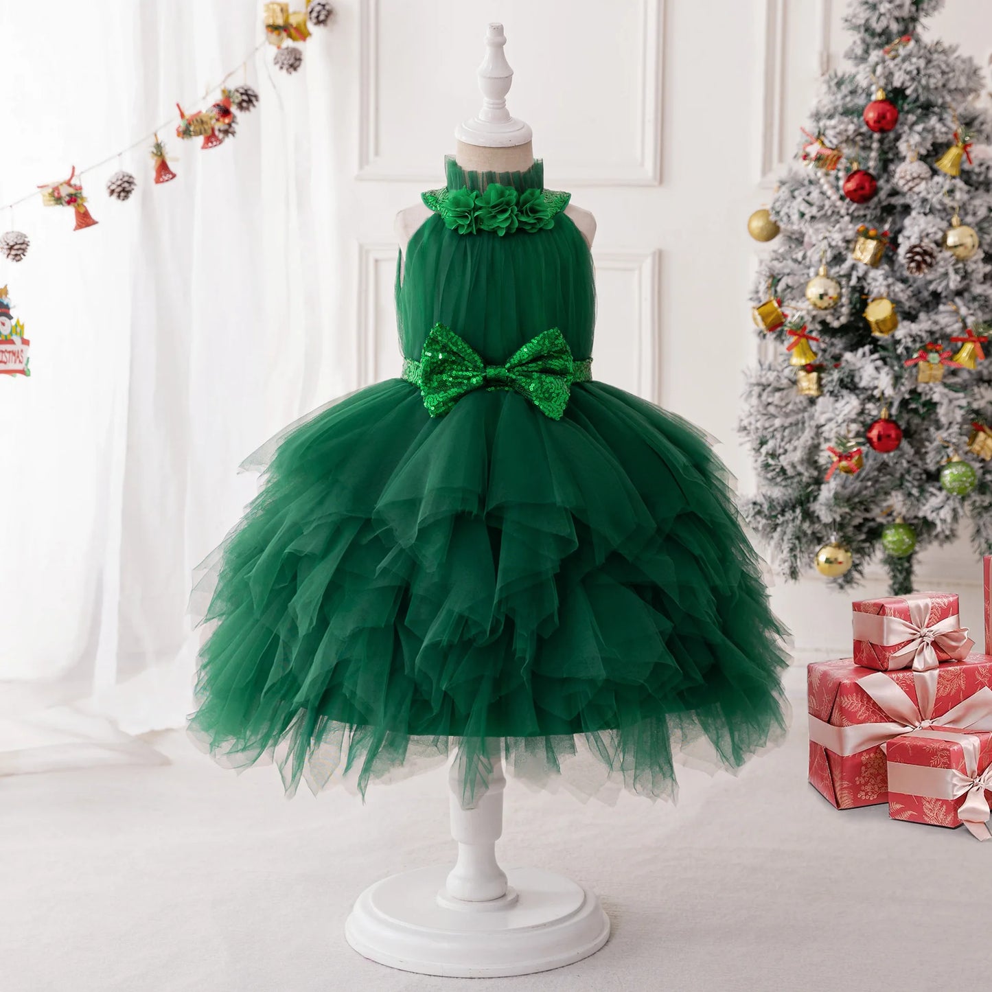 Christmas Dresses Girl Cartoon Print Princess Dress Children Red and Green Sequined Mesh Puff BalL Gown Carnival Clothes