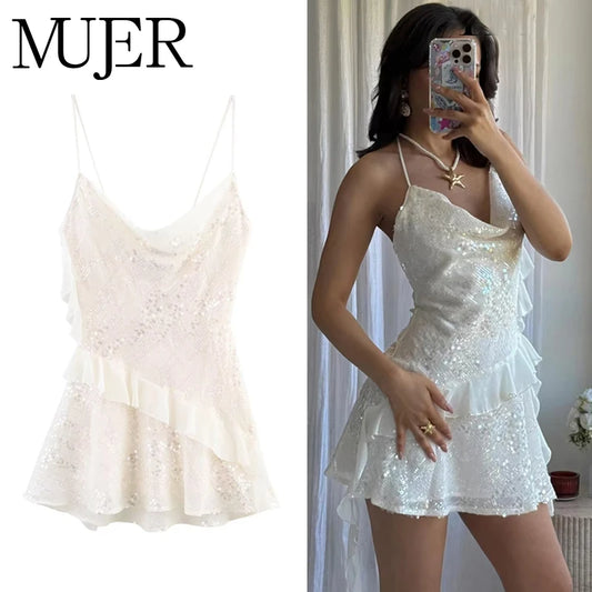 MUJER 2025 Sequin Mini Dress Woman Sexy Slip Party Dresses for Women Summer Backless Women's Dress Straps Beach Short Dresses