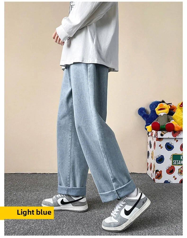 Jeans men's four-season new mopping straight loose wide legs trendy casual handsome comfortable trousers