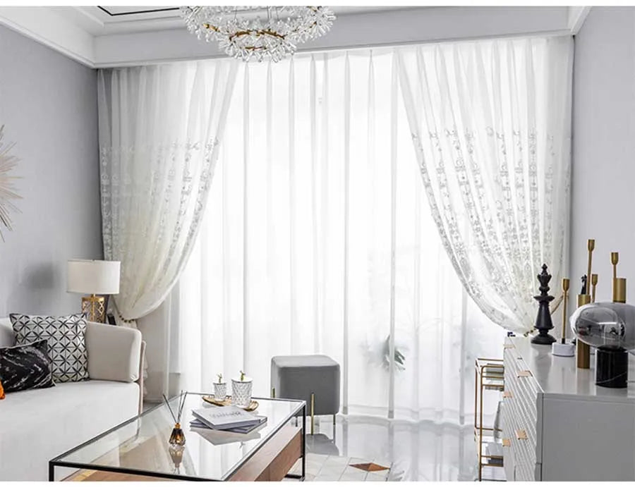 White Elegant Lxury Curtains, Tulle Contain Pearls Embroidery Beads Window Drapes ,Curtain Volie Sheer for Living Room Finished