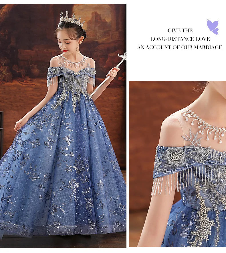 Girl Elegant Off Shoulder Dress Fashion Runway Show Luxurious Princess Dresses for Girls Birthday Party Long Kids Vestidos
