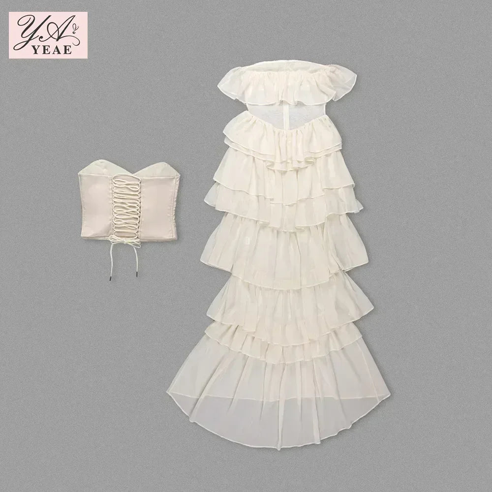 Summer Layer Ruffles Cake Dress Fashion Women Flower White Chiffon Dresses Prom evening dress