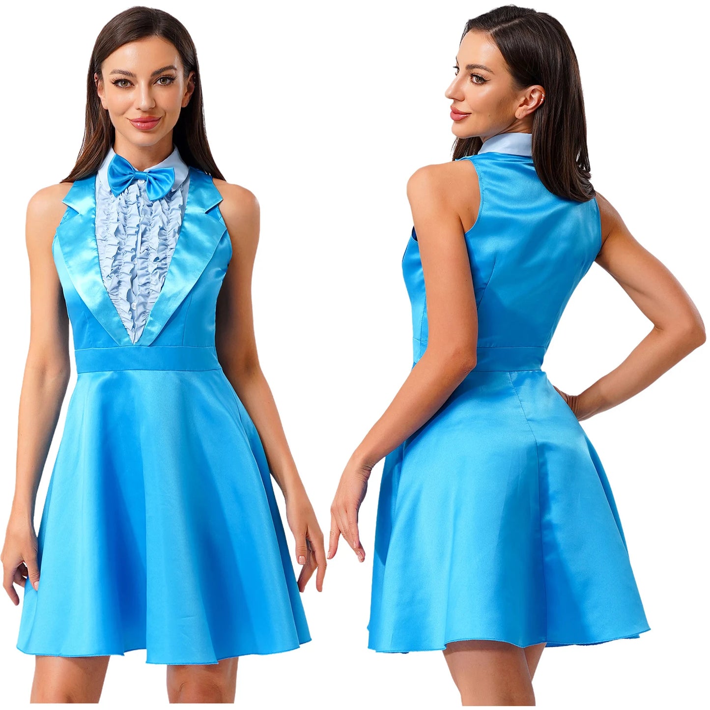 Womens 70s 80s Dumber Maid Dresses Lapel Ruffled Chest A-line Dress And Bowtie Rave Outfits Halloween Waitress Cosplay Costume