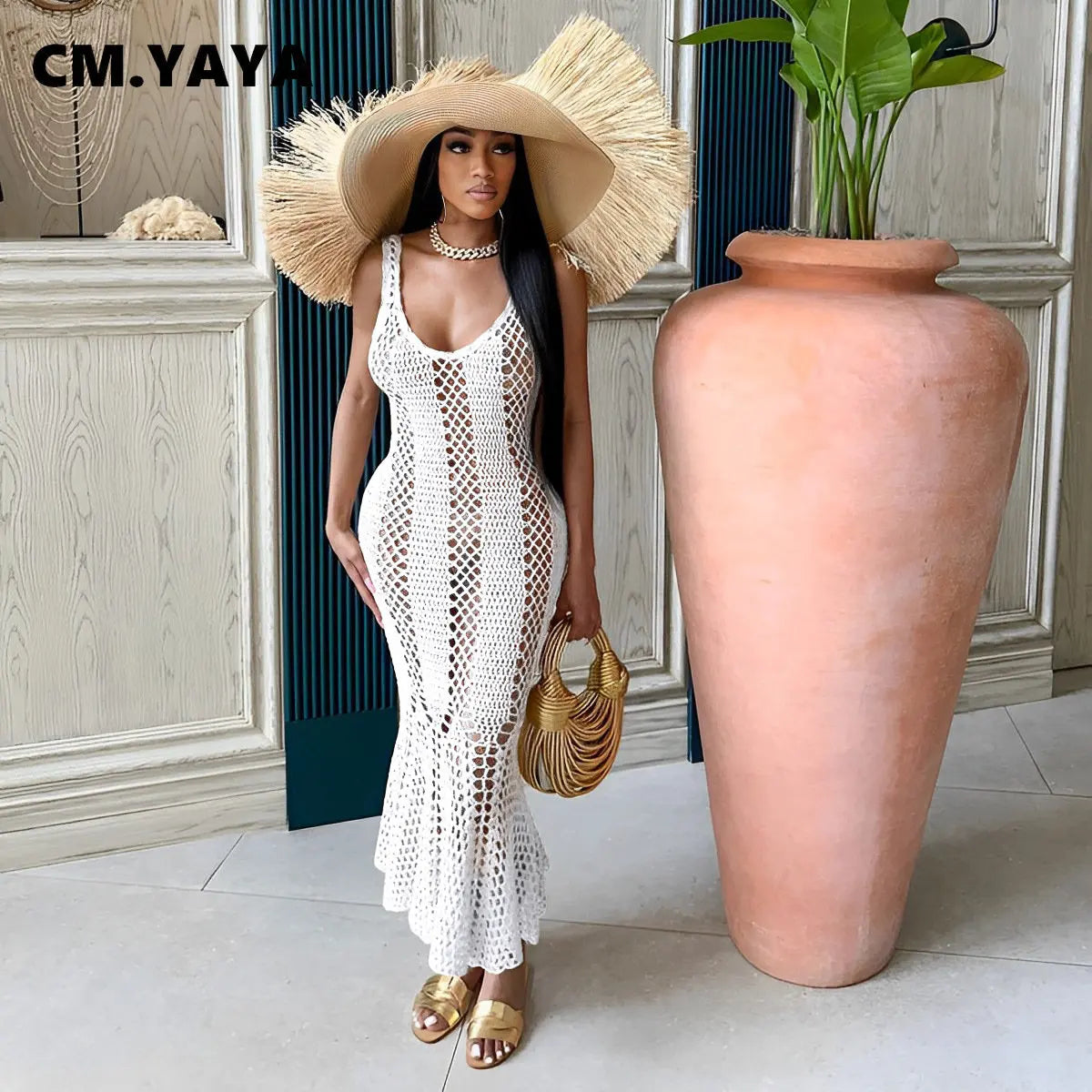 CM.YAYA Women Sleeveless Hollow Out Knit Ribbed Crochet Tank Mermaid Bodycon Midi Dress 2023 Sexy Party Club Vestidos Dresses