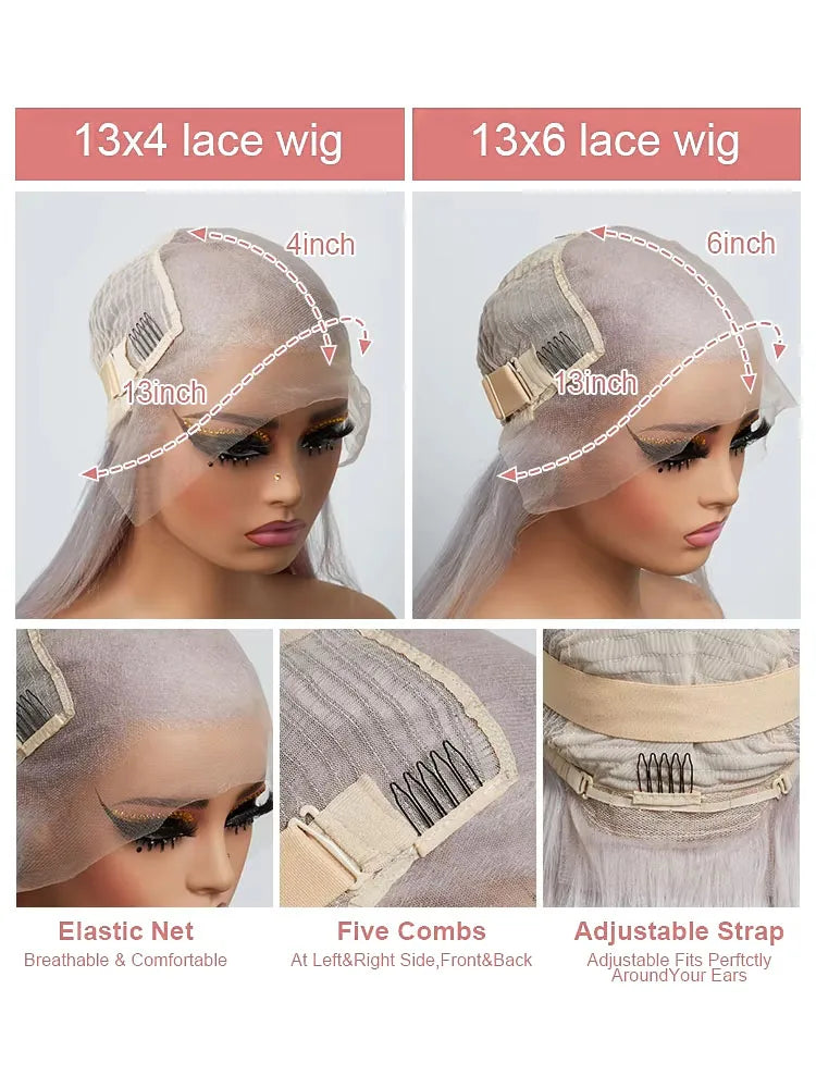 Silver Grey Straight Lace Front Human Hair Wig 40 Inches Colored HD Transparent 13x6 Lace Frontal Wig for Women Preplucked 250%
