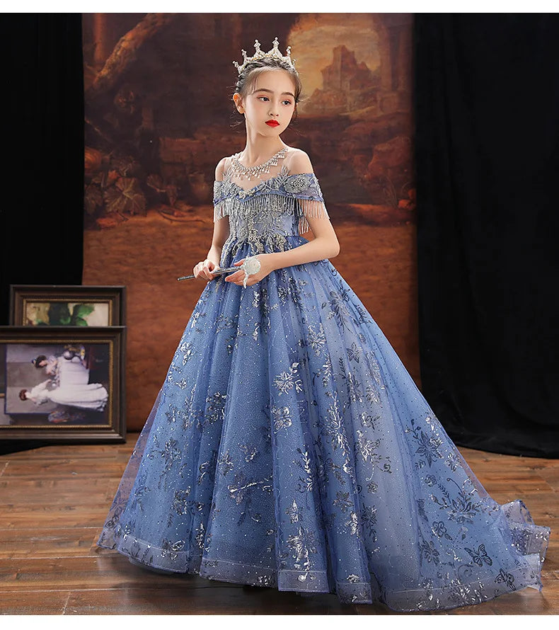 Girl Elegant Off Shoulder Dress Fashion Runway Show Luxurious Princess Dresses for Girls Birthday Party Long Kids Vestidos