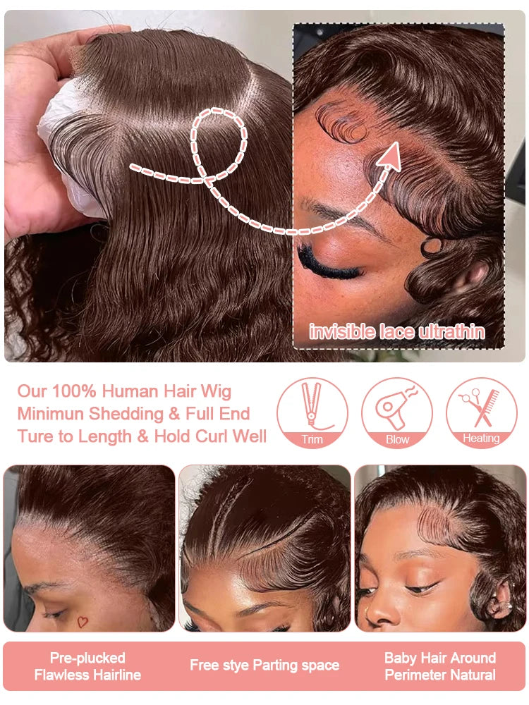 Deep Curly Human hair Wigs Chocolate Brown 13x4 13x6 Hd Lace Frontal Wig Colored Water Wave Lace Front Wig For Women 30 36 Inch