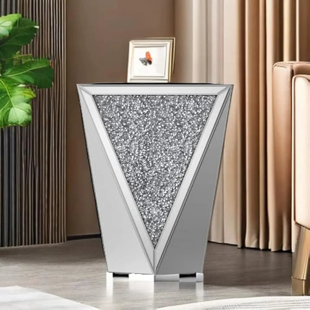 Mirrored End Table Crystal Diamond Setting Coffee Table Silver Glass Side Table Pedestal Stand For Hallway, Living Room,