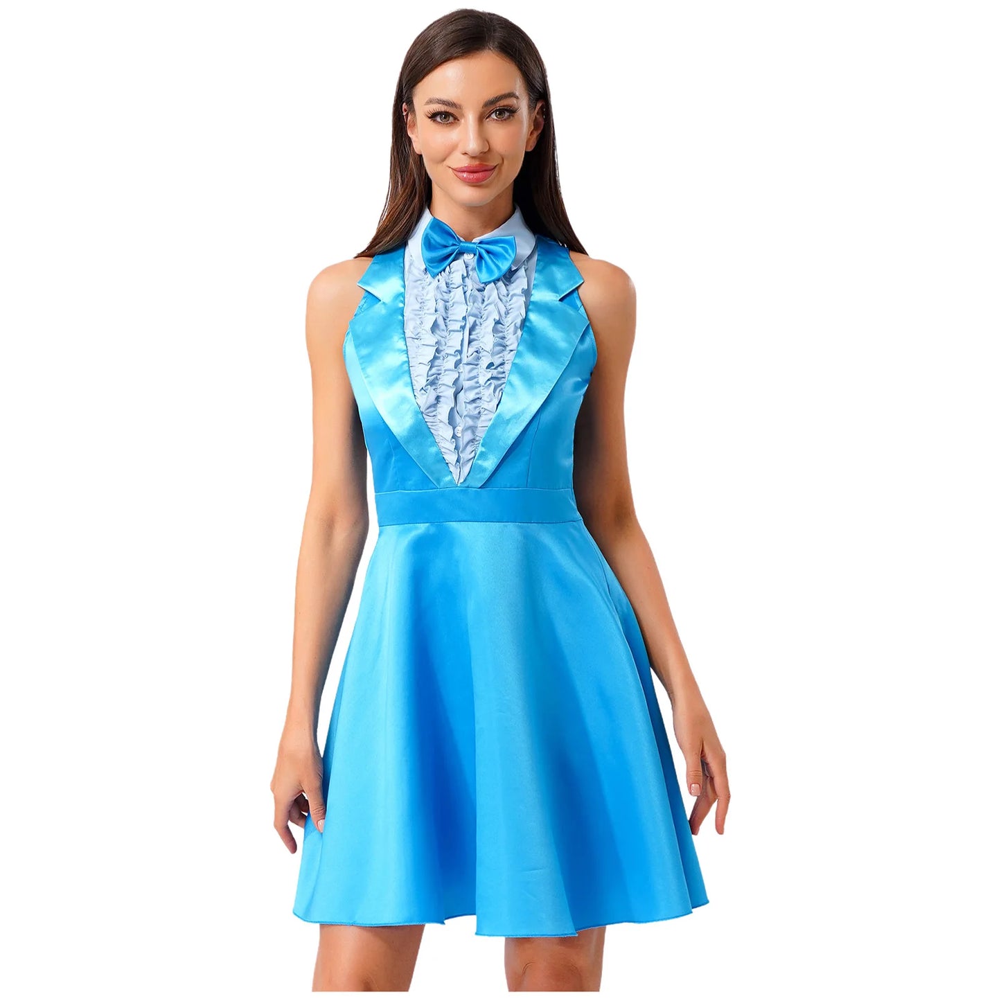 Womens 70s 80s Dumber Maid Dresses Lapel Ruffled Chest A-line Dress And Bowtie Rave Outfits Halloween Waitress Cosplay Costume