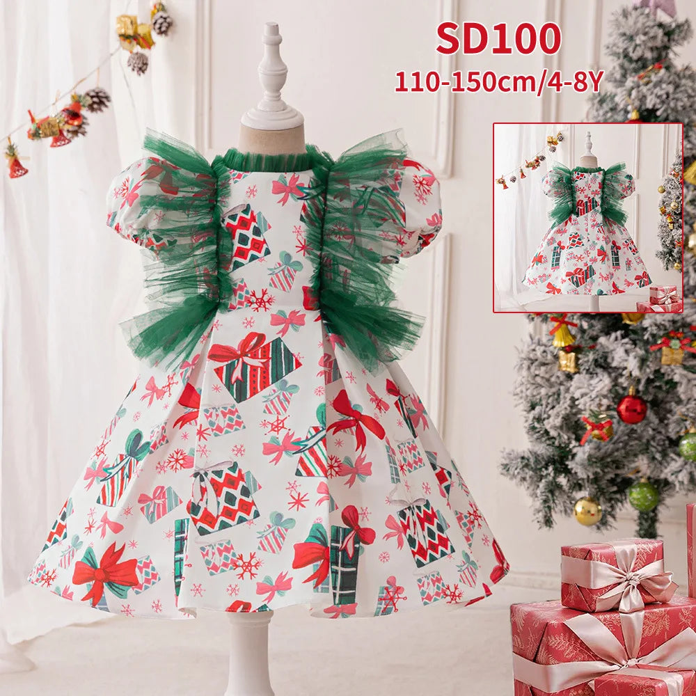 Christmas Dresses Girl Cartoon Print Princess Dress Children Red and Green Sequined Mesh Puff BalL Gown Carnival Clothes