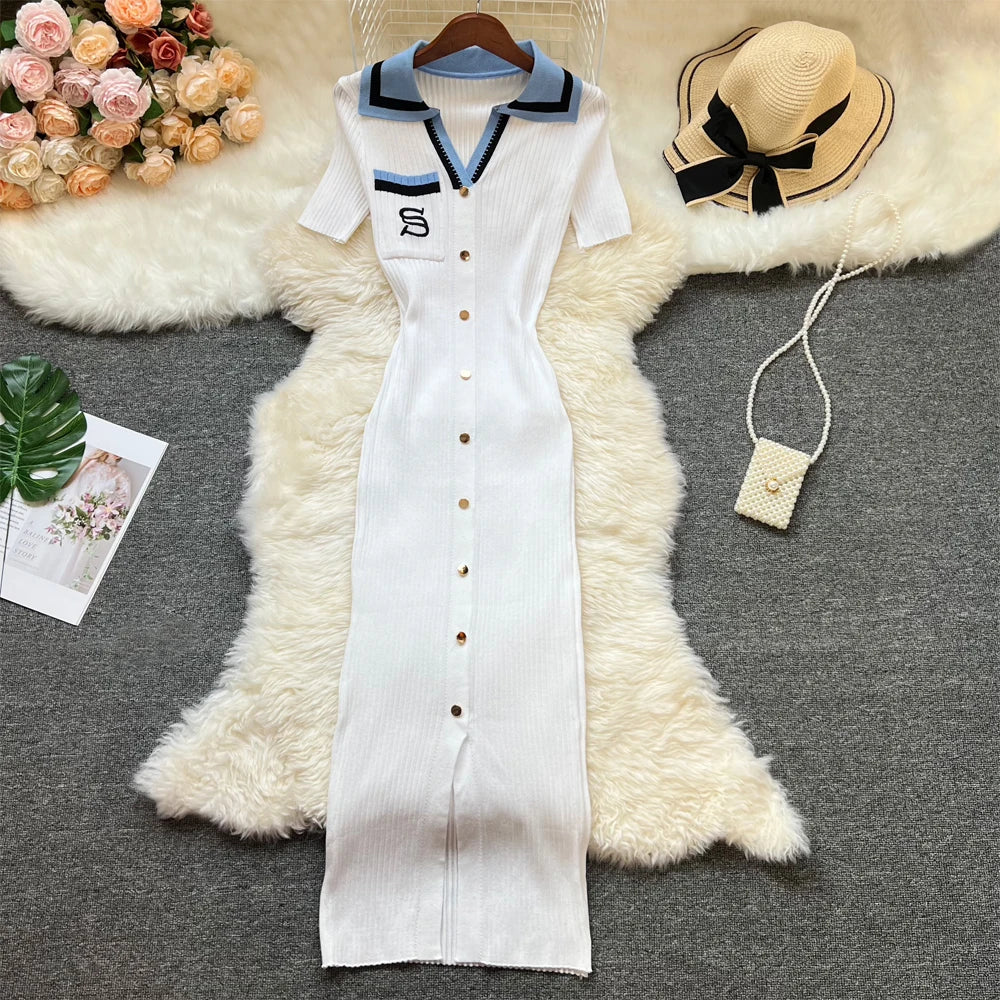 YuooMuoo Chic Fashion Sexy Package Hips Knitted Long Dress Women Brand Fashion Turn-down Collar Embroidery Bodycon Shirt Dress