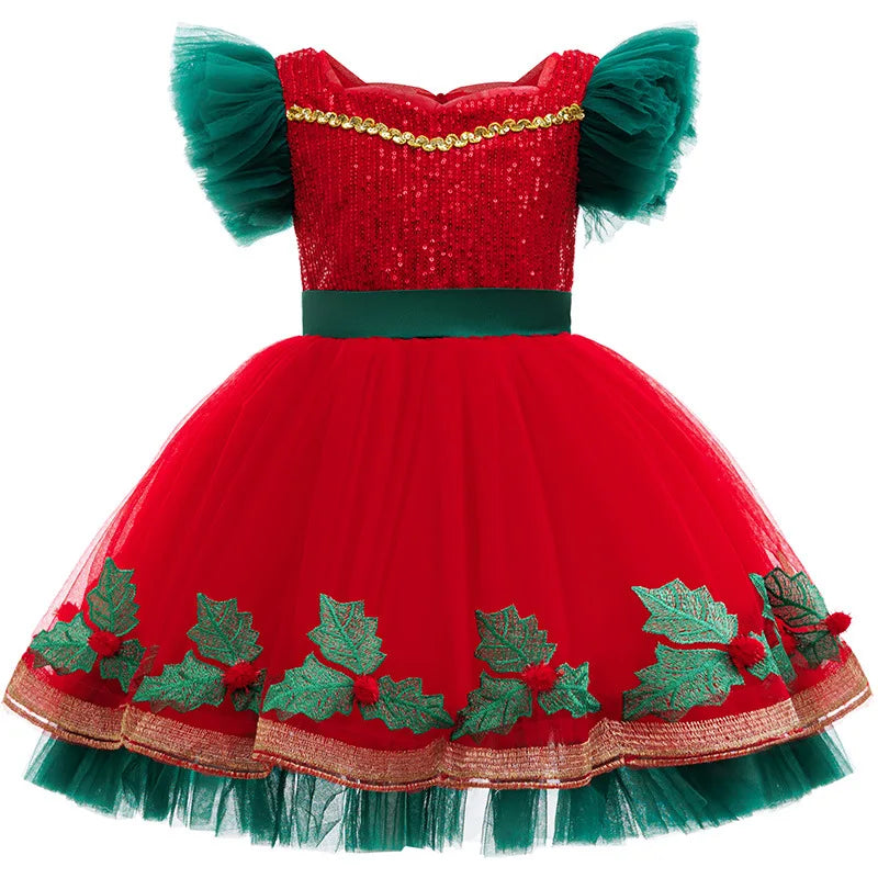 Christmas Dresses for Girl Princess Dress and Santa Claus hat KIds Carnival Festival Clothing Children Sequined Mesh prom Gown