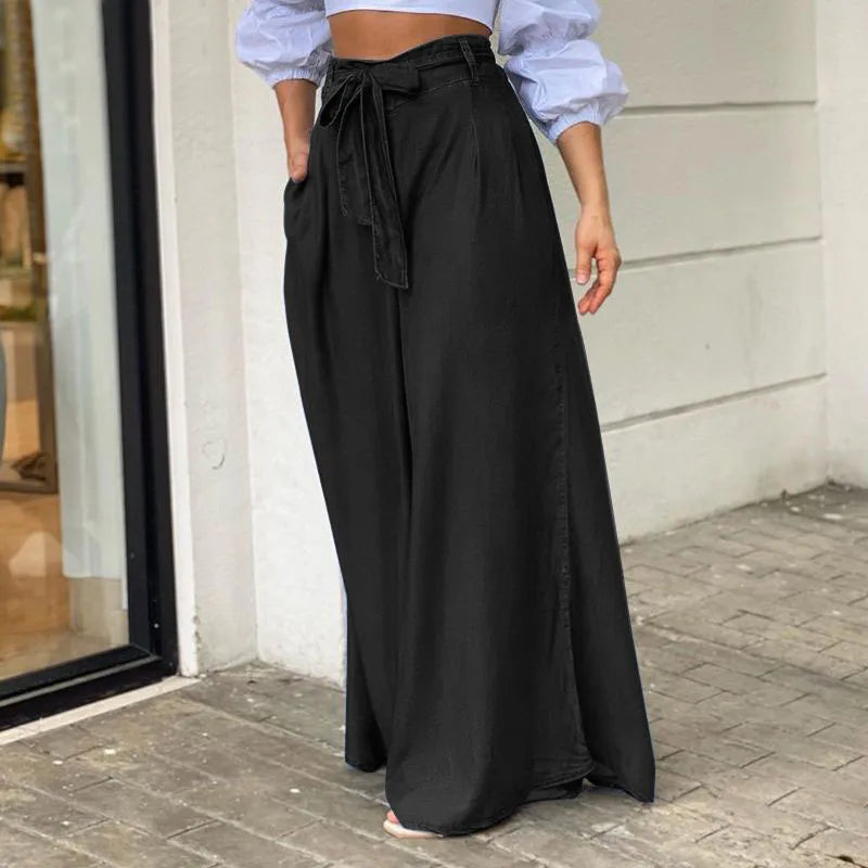 Elegant High Waist Jeans Women Denim Summer Wide-leg Pants Lace-up Solid Female Lage Size Street Casual Trousers Clothing