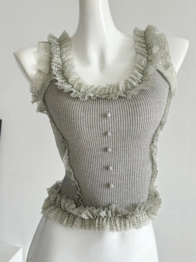 Korean Lace Patchwork Crop Top Women U-Neck Knitted Stretch Tank Top 2025 Summer Female White Lace Stretch Cami