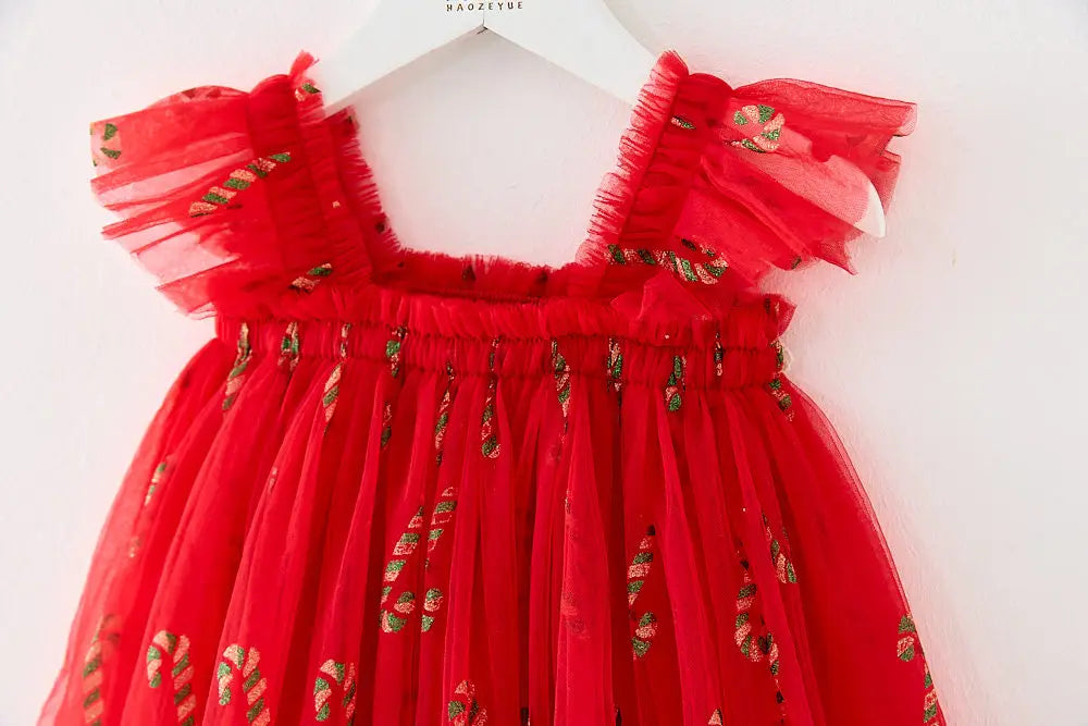 Christmas 2025 Girls Cute Fly Sleeve Star Printed Mesh Puffy Dress Halloween Children Party Photograph Princess Dress 1-6T