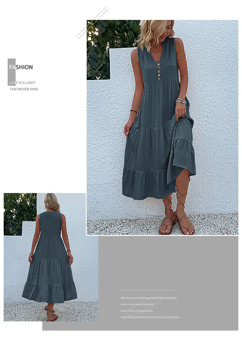 Dresses for Women 2025 Summer V-neck Single-breasted Vest Dress Sleeveless Loose Casual Solid Color Dress Vestidos De Mujer