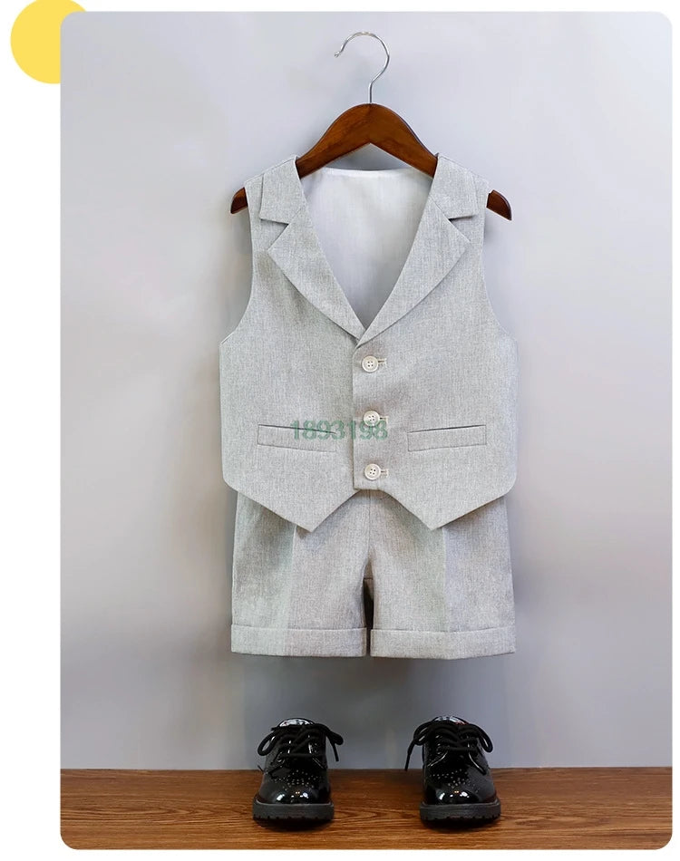 Children's Summer Blue Vest Dress Suit Boy Birthday Party Performance Photography Costume Kids Waistcoat Shorts Bowtie Outfit