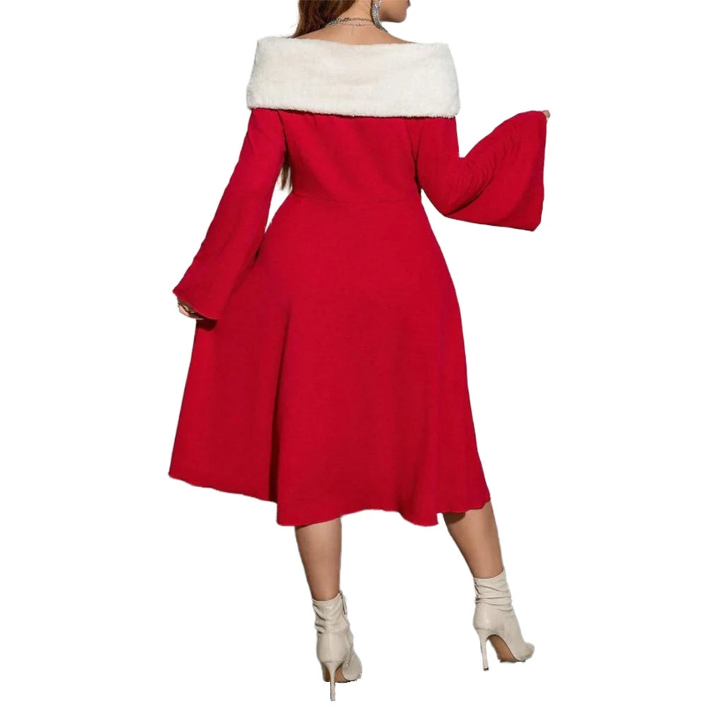 Christmas Dress for Women Plus Size Long Sleeve Oversize Warm Winter Red Elegant Dresses Girls Xmas New Year Party Costume