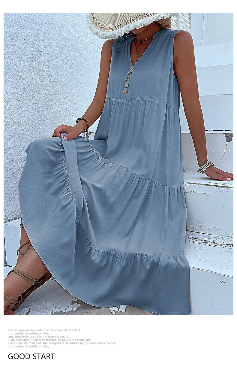 Dresses for Women 2025 Summer V-neck Single-breasted Vest Dress Sleeveless Loose Casual Solid Color Dress Vestidos De Mujer
