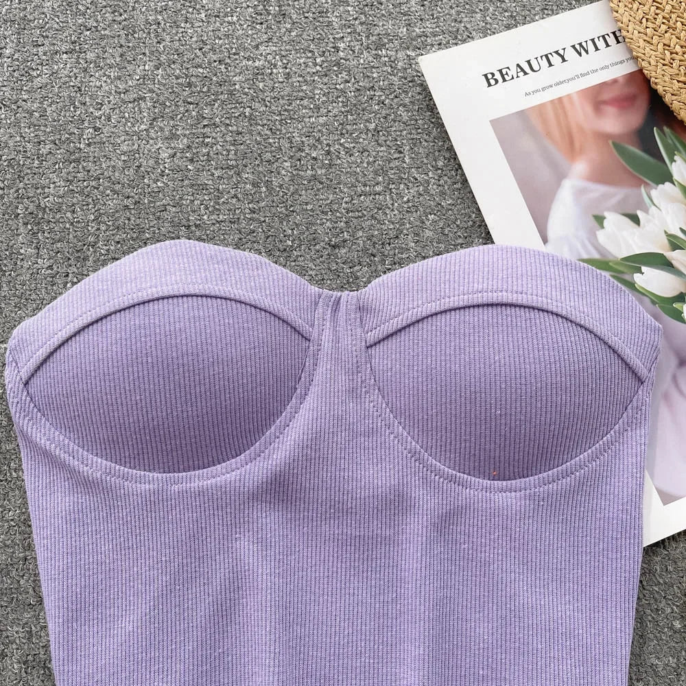 Strapless Western Style Skinny Tanks Camis for Women Summer Casual Solid Colours Female Corset Crop Tube Tops with Built In Bras