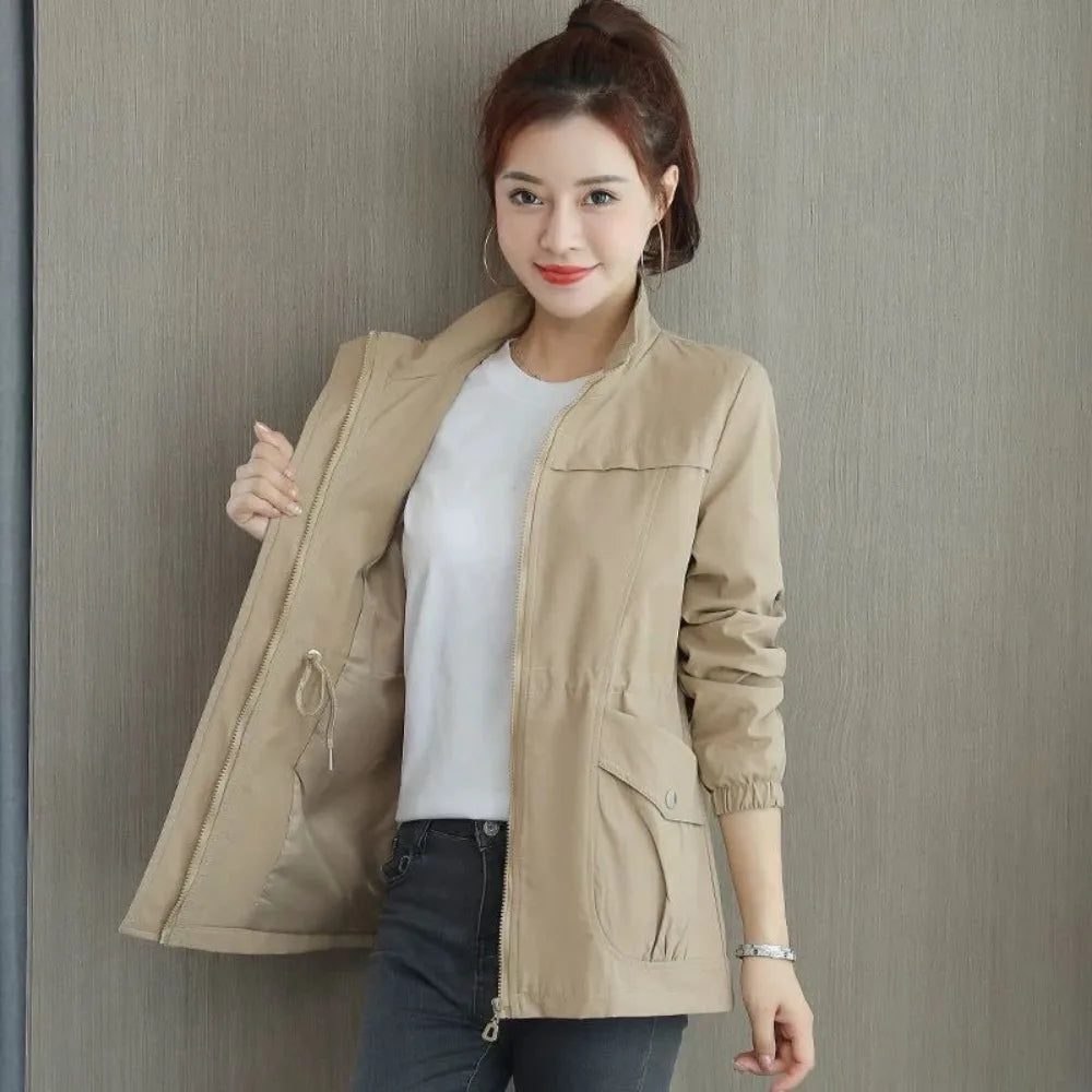 Women's Windbreaker Jackets Spring Autumn Drawstring Khaki Female Coat Modern Hot High Quality Great New in Outerwears Elegant