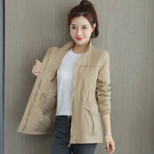 Women's Windbreaker Jackets Spring Autumn Drawstring Khaki Female Coat Modern Hot High Quality Great New in Outerwears Elegant