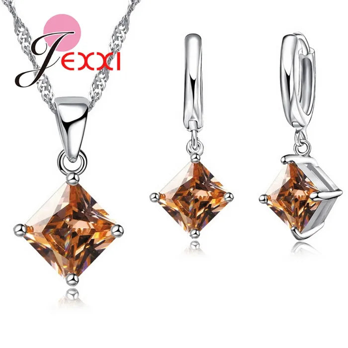 Women Accessories Pendant Necklace Earrings  Jewelry Set Girl Square Shinny CZ Crystal  Pendant 925 Sterling Silver