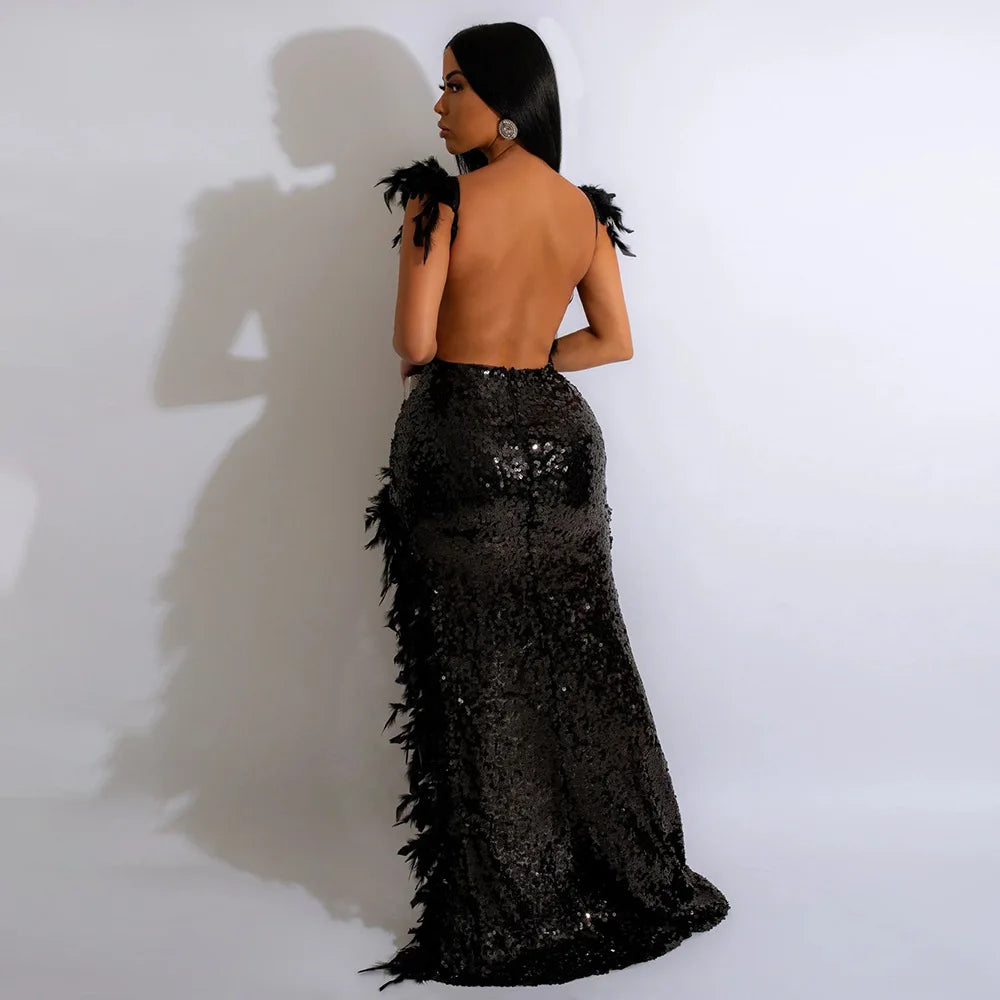 Dress Floor Length Dresses Women Party Gown Sequin Feather Hip Wrap Sexy Slim Fit Vestidos Sleeveless V Neck Backless Evening