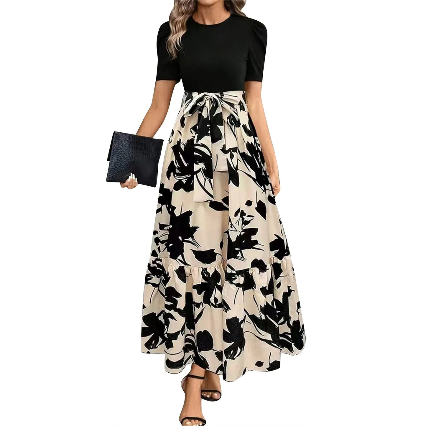 Dresses Elegant Office Lady Outfits A-line Lace-up Slim Fit Waist Ruffle Hem Skirt Women Dress Summer vestidos de mujer casuales