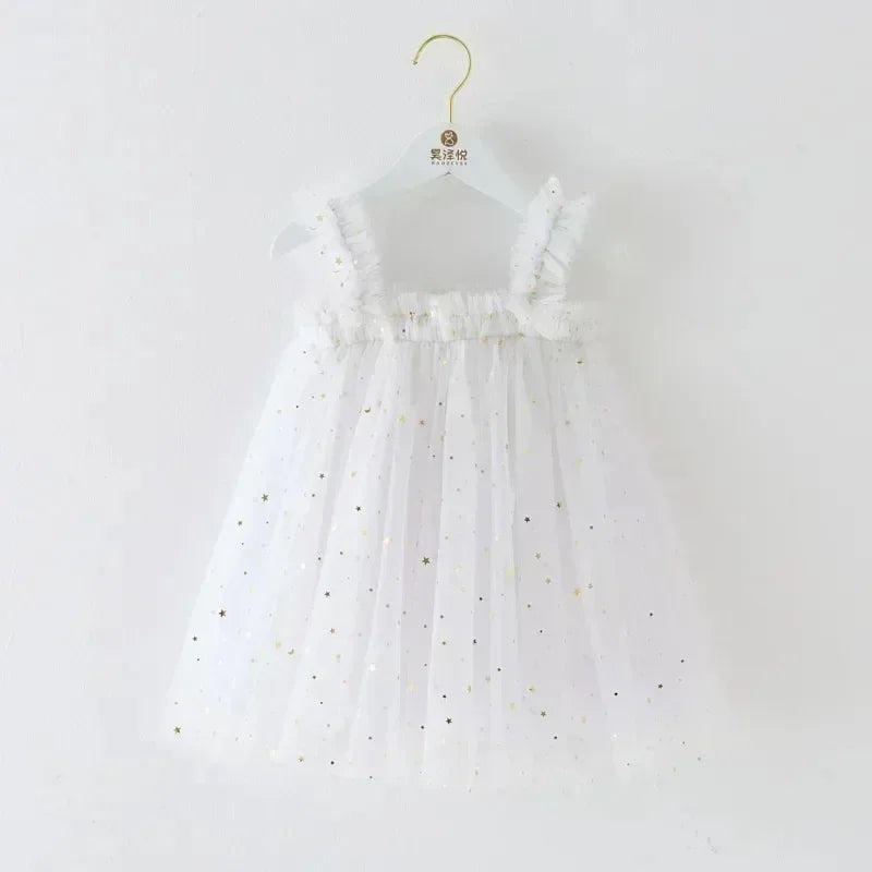 Christmas 2025 Girls Cute Fly Sleeve Star Printed Mesh Puffy Dress Halloween Children Party Photograph Princess Dress 1-6T