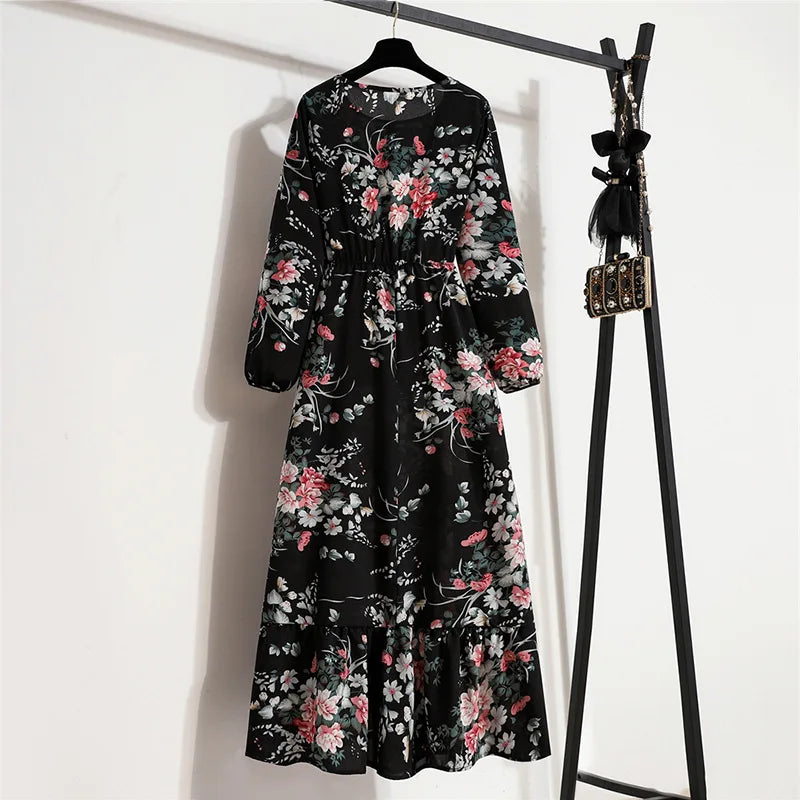 Women Eid Muslim Dresses Dubai Kaftan Tight Waist O Neck Morocco Arab Ruffles Spliced Vestidos Flowers Dress Casual Slim Fit