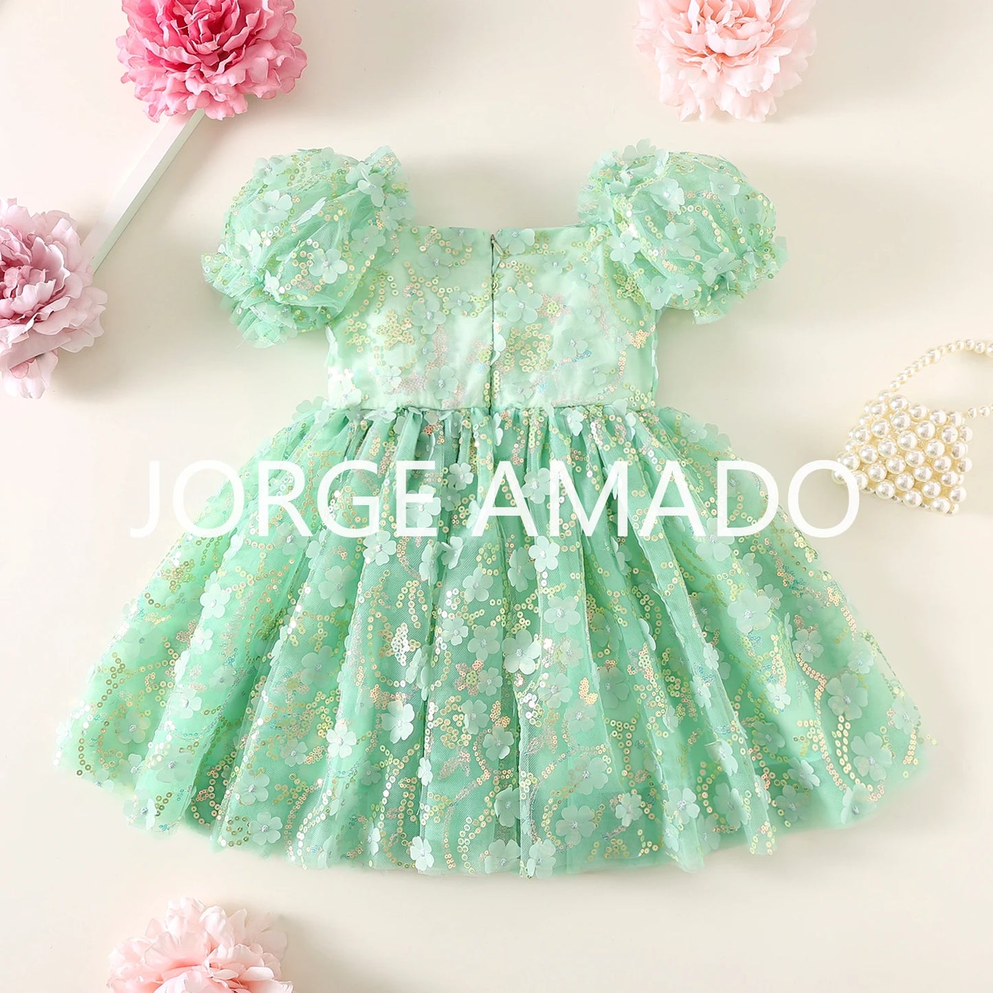 New Summer Teenager Girl's Dress Short Puff Sleeves Square Collar Appliques Large Bow Sequin Mesh Princess Lovely Clothing H7004