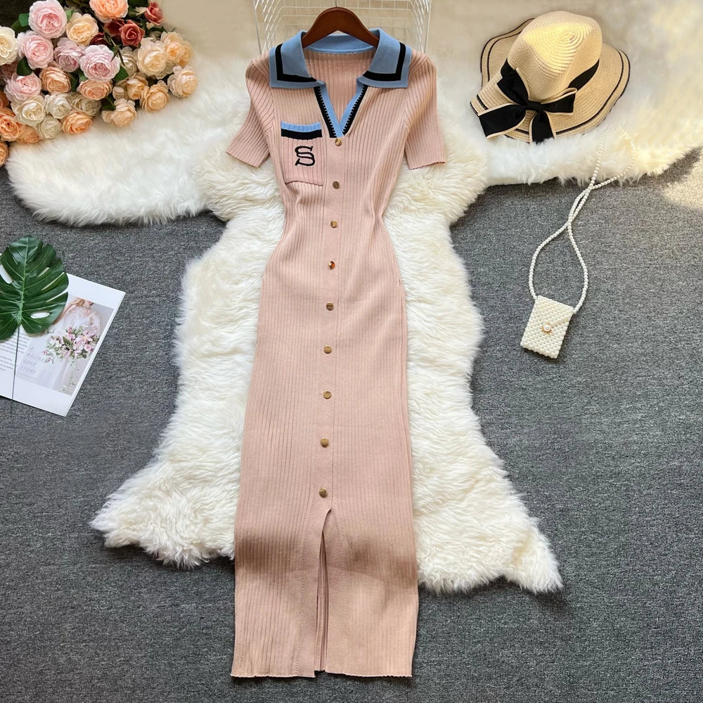 YuooMuoo Chic Fashion Sexy Package Hips Knitted Long Dress Women Brand Fashion Turn-down Collar Embroidery Bodycon Shirt Dress