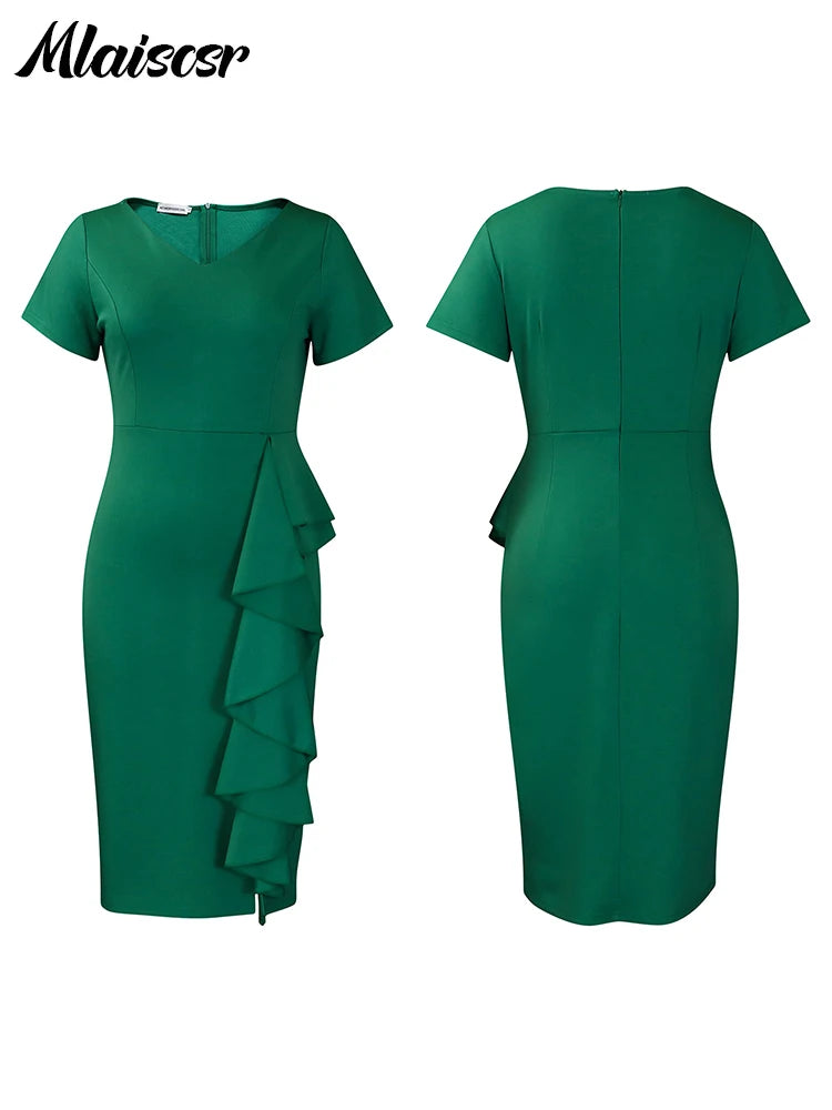 Mlaiscsr Sexy Ruffle Birthday Club Dress Women Clothing Green Short Sleeve V-neck Mid Dresses Office Lady Slim Party Vestidos