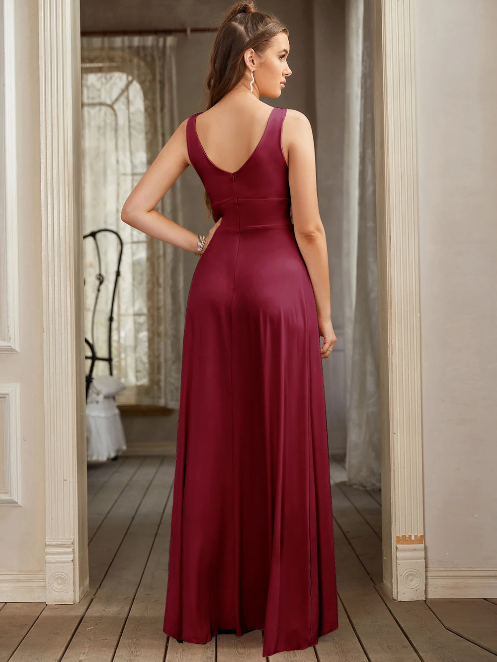 Women Evening Dresses 2025 Sister Group Sexy Split V Neck Backless Sleeveless Formal Wedding Party Prom Gowns Bridesmaid Vestido