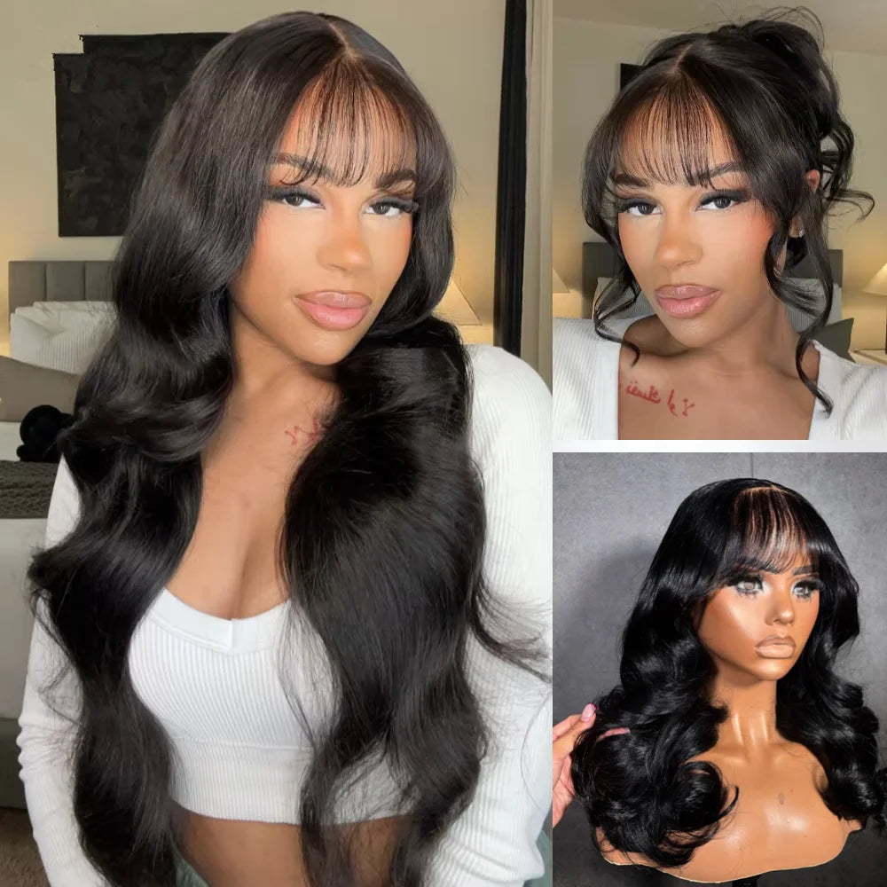 Silkwave Body Wave Human Hair Wigs with Bangs 3x1 Middle Part Lace Scalp Wig For Black Women Brazilian Remy Hair Fringe Wig