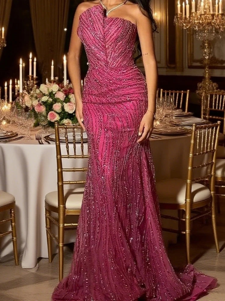 Evening Dresses Elegant Vintage Sweet Sexy Pink Mermaid Beads Lace Formal Occasion Long Dresses Sparkle Customized