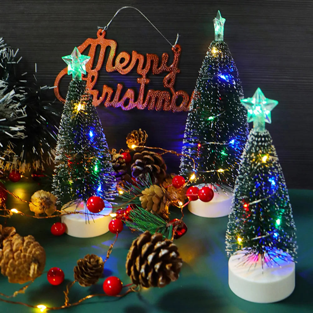 Mini Christmas Trees with LED Light Decor Tabletop Crafting DIY Christmas Gift Green Brush Trees Winter Ornaments