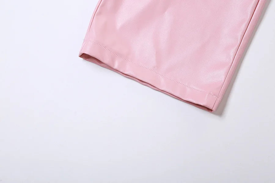 Pink Cargo Pants for Women 2025 Spring Straight Leg Solid Multi-Pocket Design High Waist Pu Leather Loose Baggy Pants Streetwear