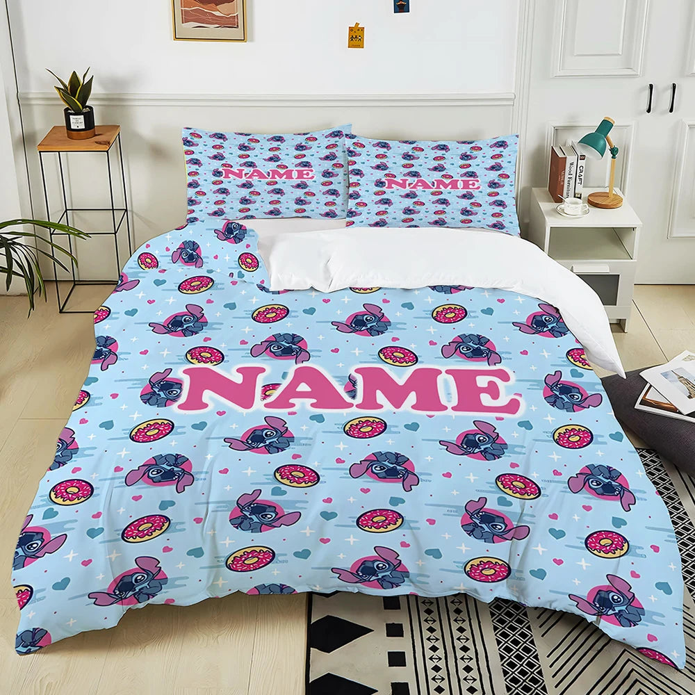Custom Name Stitch Cartoon Printed Bedding Set Cartoon Anime Duvet Cover Comforter Pillowcase Boys Girls Children Adults King