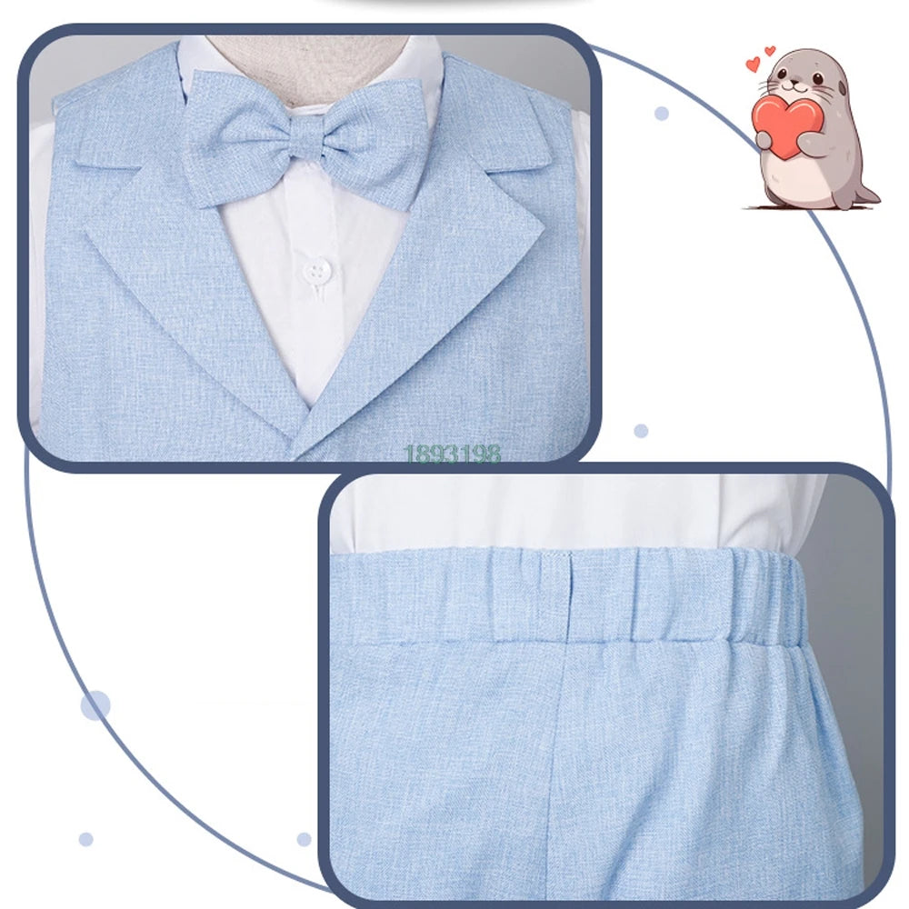 Children's Summer Blue Vest Dress Suit Boy Birthday Party Performance Photography Costume Kids Waistcoat Shorts Bowtie Outfit
