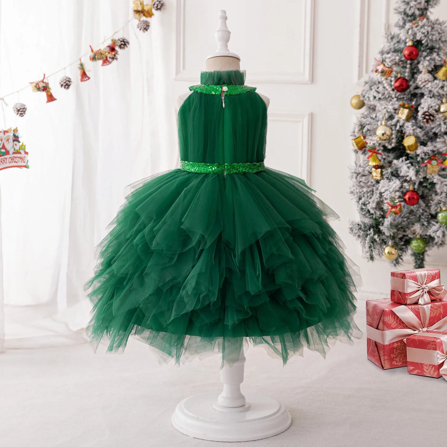 Christmas Dresses Girl Cartoon Print Princess Dress Children Red and Green Sequined Mesh Puff BalL Gown Carnival Clothes