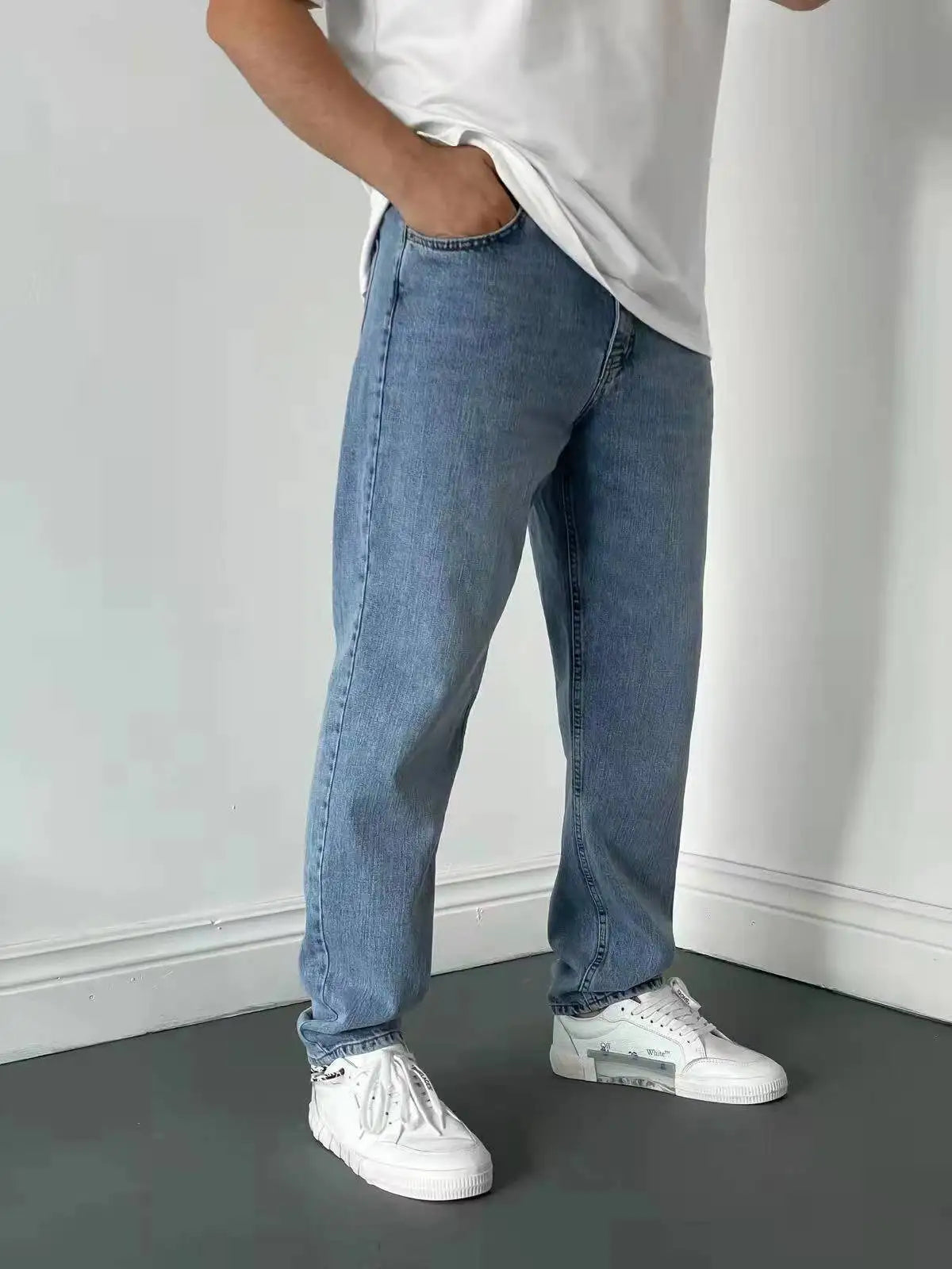 Men Comfortable Straight Casual Jeans Male Soft Baggy Outside Denim Pants Classic Elastic Waist Solid Office Work Denim Trousers