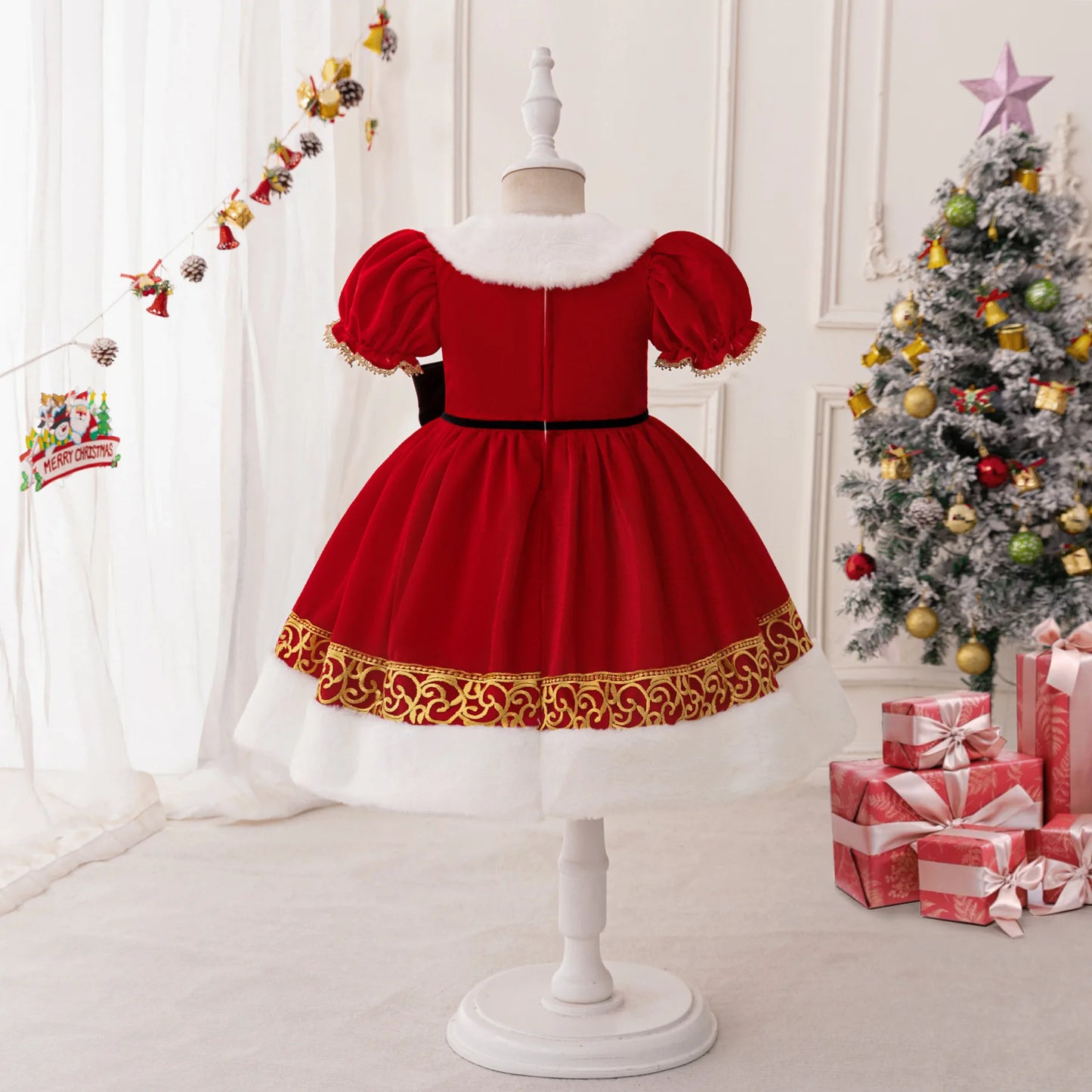 Christmas Dresses Girl Cartoon Print Princess Dress Children Red and Green Sequined Mesh Puff BalL Gown Carnival Clothes