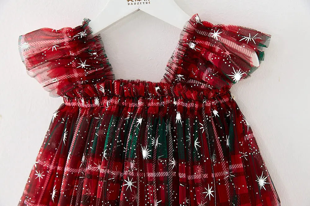 Christmas 2025 Girls Cute Fly Sleeve Star Printed Mesh Puffy Dress Halloween Children Party Photograph Princess Dress 1-6T
